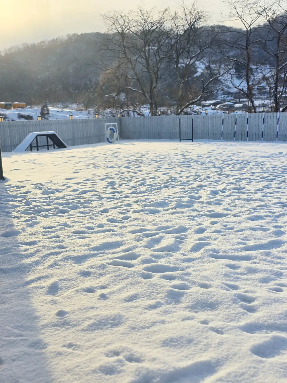 눈이 쌓인 겨울의 멍뜨락 잔디마당